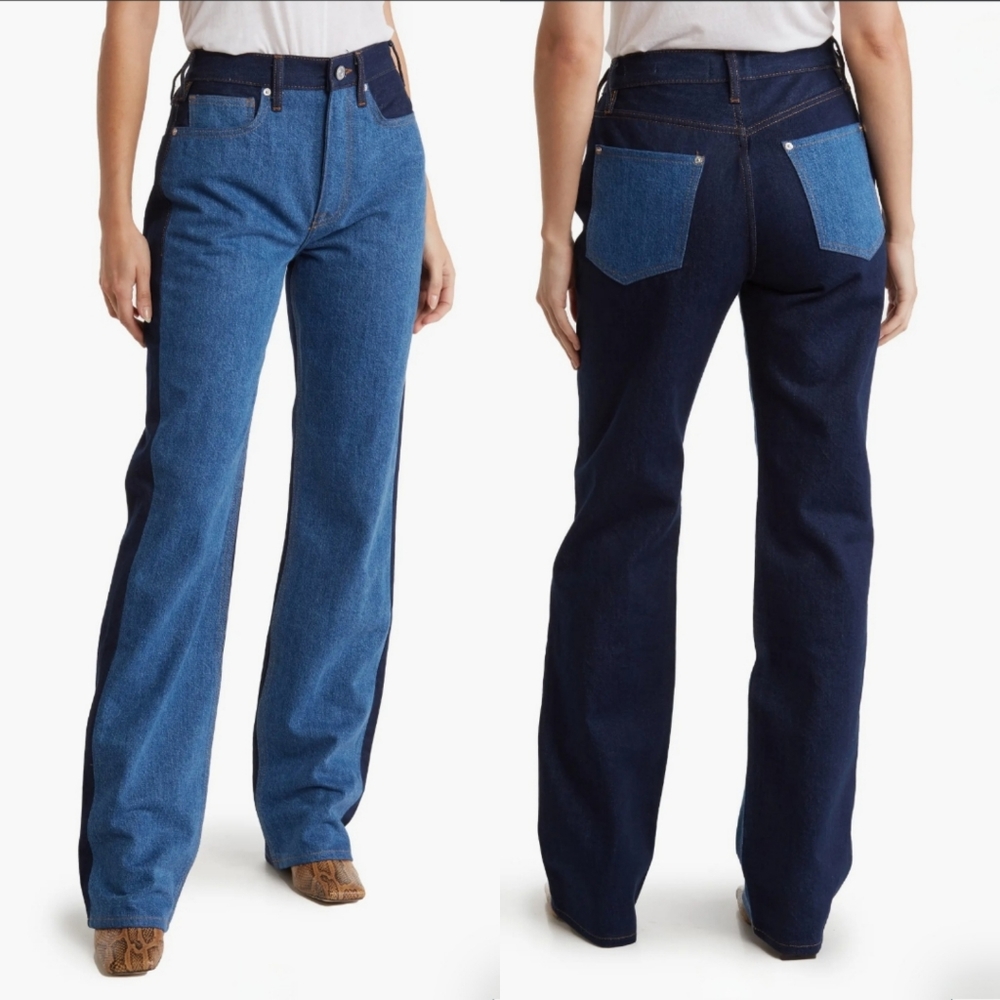 Frame Denim Two-Tone Straight Leg Jeans in Light and Dark Blue